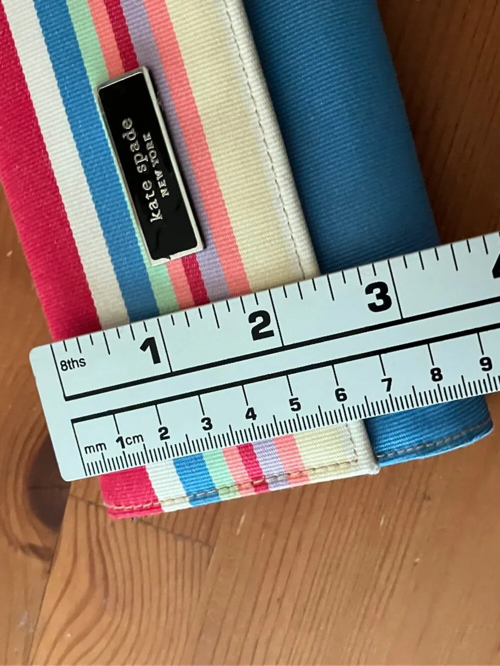 Kate Spaid New York wallet trifold canvas colorful striped metal brand logo6x4x1